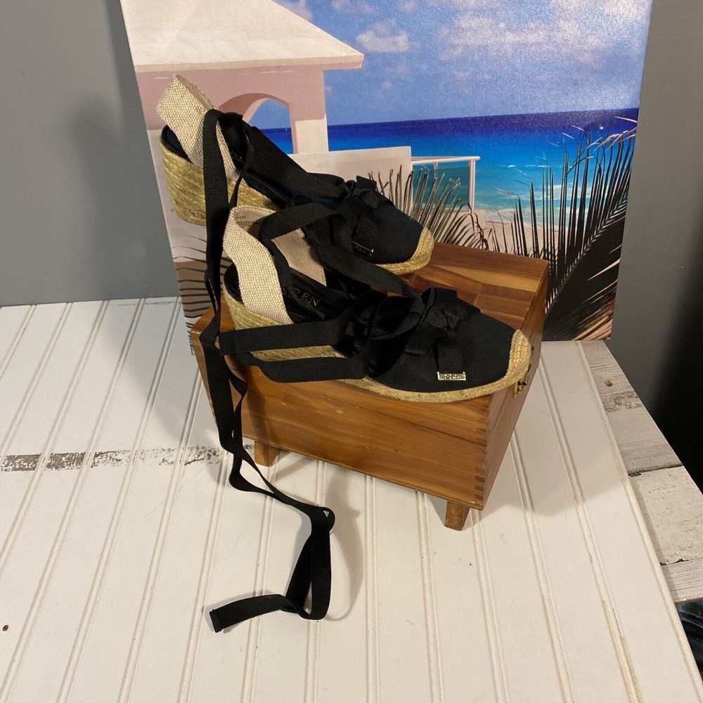 Ralph Lauren Cork Wedge Sandals size 7b 3” heels black/tan Straps Up Calves